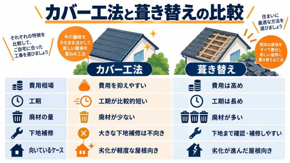 屋根カバー工法と葺き替えを費用・工期・廃材・下地補修で比較
