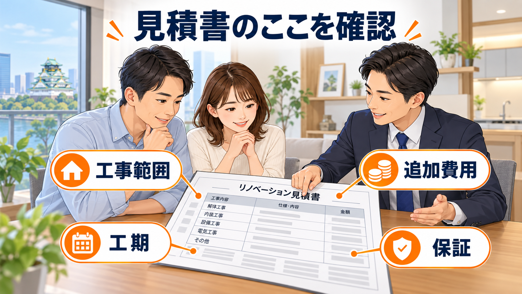 リフォームの見積書で工事範囲、追加費用、工期、保証を確認する図