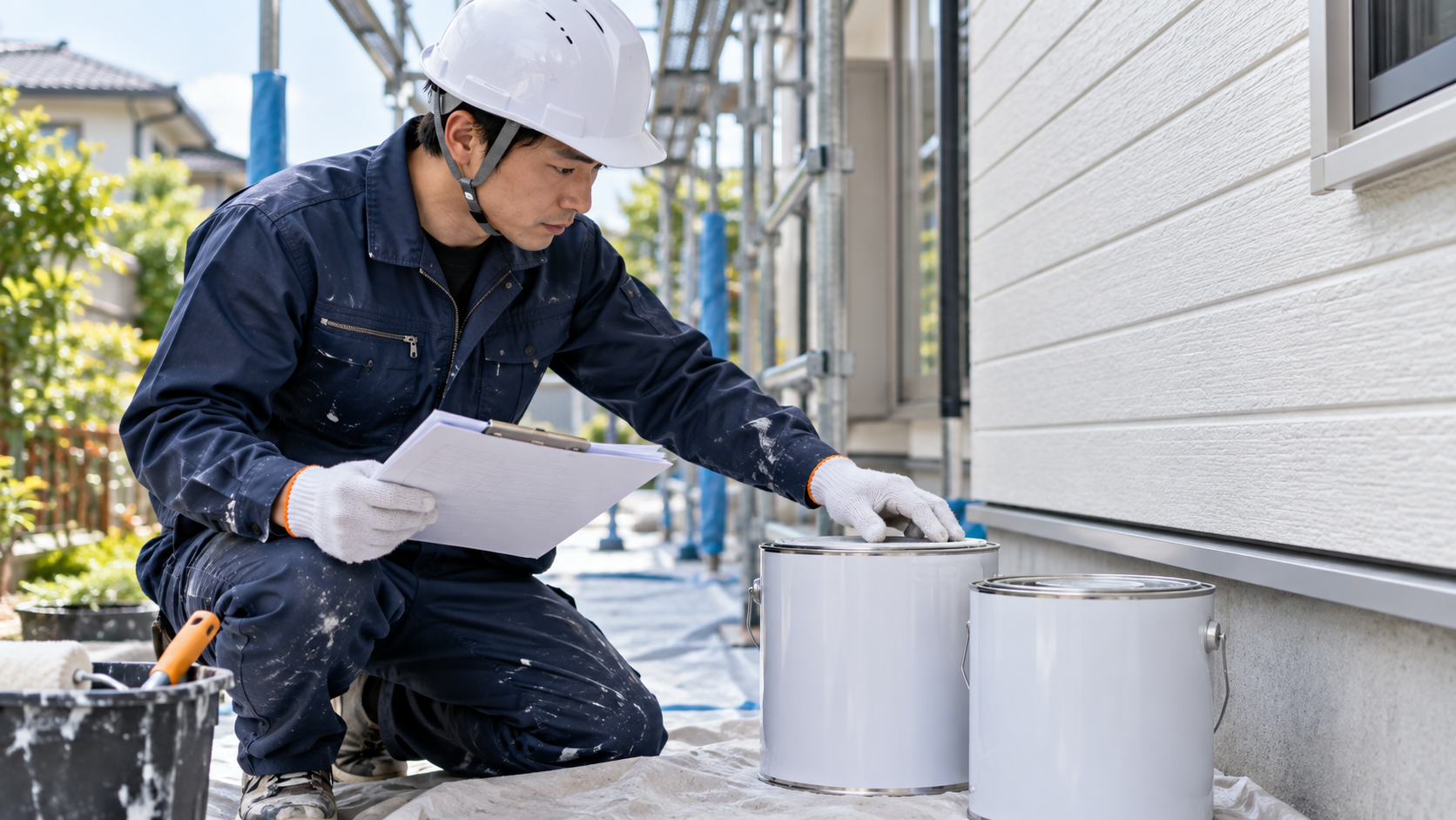 外壁塗装に使う塗料と作業工程を確認する職人