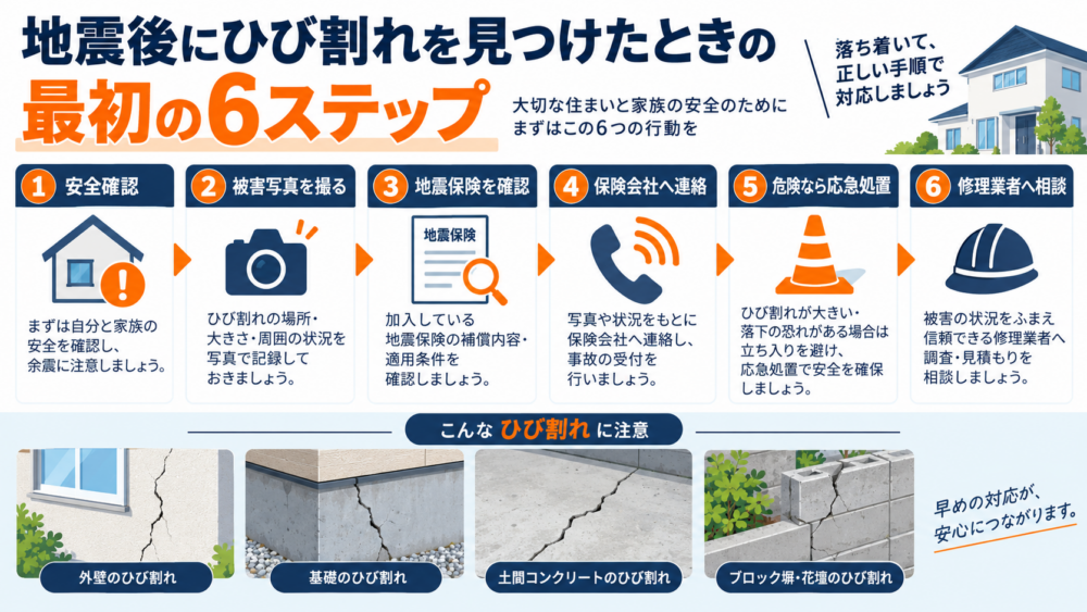 地震後に家のひび割れを見つけたときの最初の6ステップを、安全確認・被害写真・地震保険確認・保険会社連絡・応急処置・修理業者相談で整理した図解