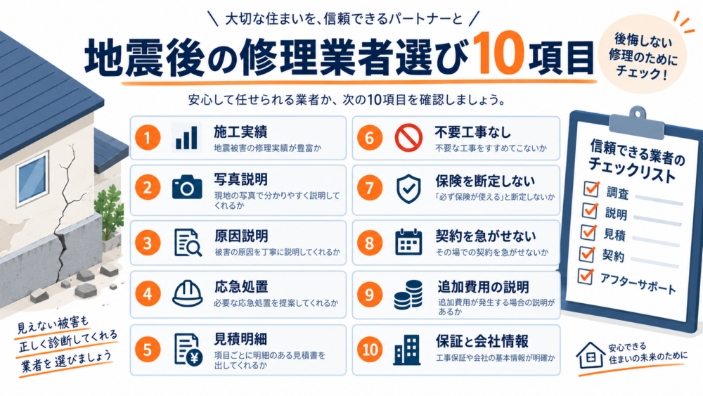地震後の修理業者選び10項目を、施工実績・写真説明・原因説明・応急処置・見積明細・不要工事・保険の断定回避・契約・追加費用・保証と会社情報でまとめた図解