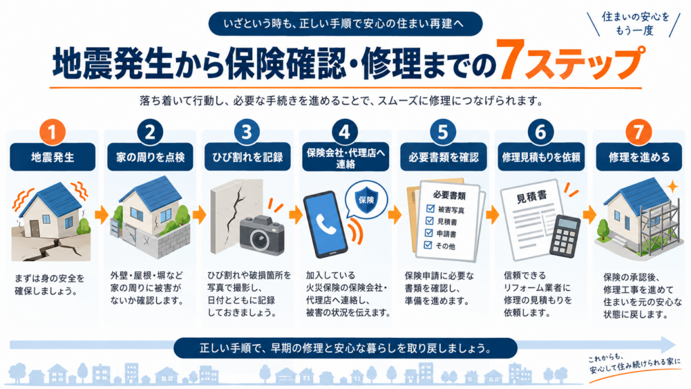 地震発生から保険確認・修理までの7ステップを、家の点検・ひび割れ記録・保険会社連絡・必要書類・修理見積もり・修理実施の順で示した図解