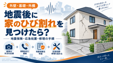 地震後に外壁・基礎・外構のひび割れを見つけた場合の、地震保険・応急処置・修理までの流れを解説する図解