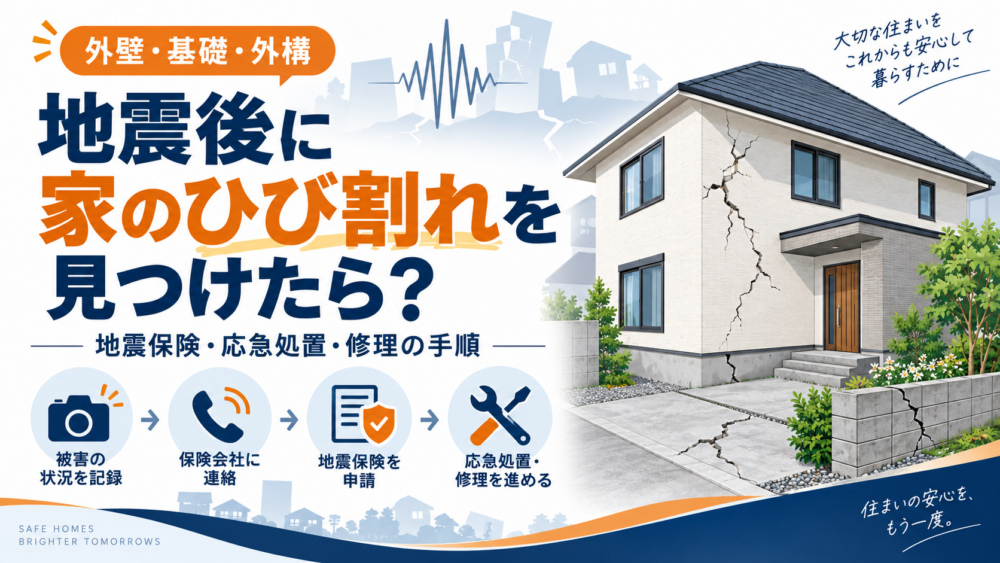 地震後に外壁・基礎・外構のひび割れを見つけた場合の、地震保険・応急処置・修理までの流れを解説する図解