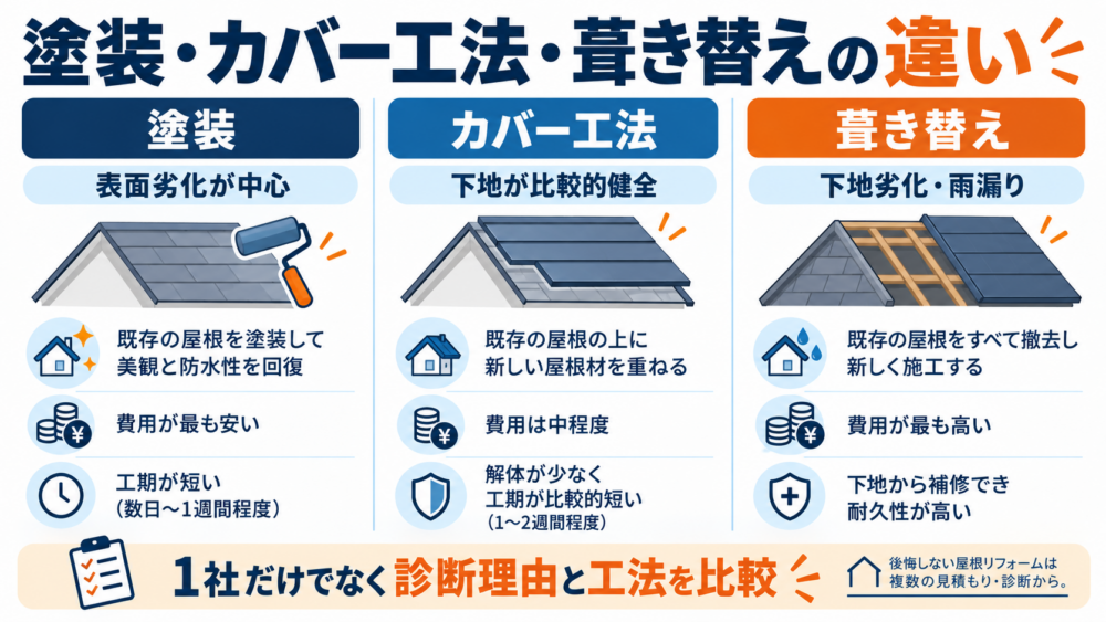 屋根リフォームの塗装・カバー工法・葺き替えについて、向いている屋根状態・費用・工期・下地補修の違いを比較した図解