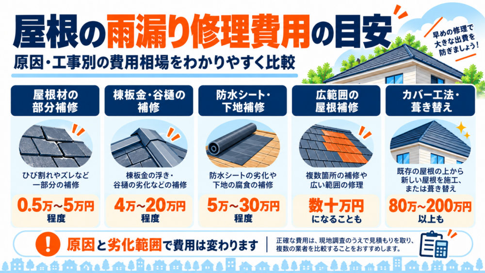 屋根材の部分補修や棟板金、防水シート、カバー工法など雨漏り修理費用の目安を比較した図解