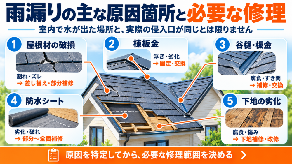 屋根材や棟板金、谷樋、防水シート、下地など雨漏りの主な原因箇所と必要な修理を示した図解