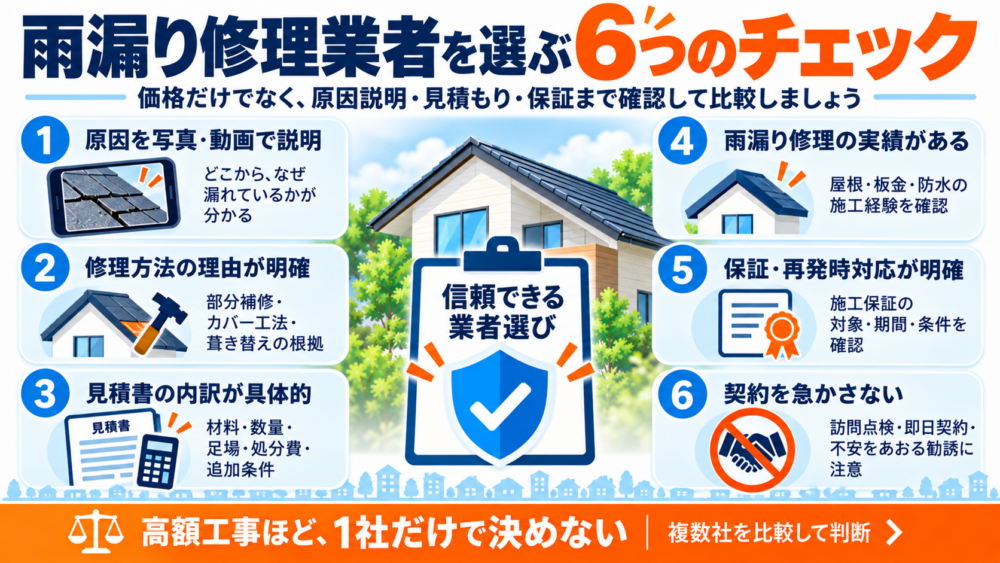 雨漏り修理業者を選ぶ際に確認したい原因説明や見積もり、実績、保証など6つのチェックポイント