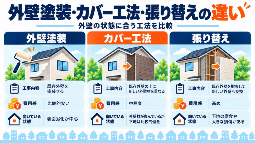 外壁塗装・カバー工法・張り替えの違いを工事内容や費用感、向いている状態で比較した図解