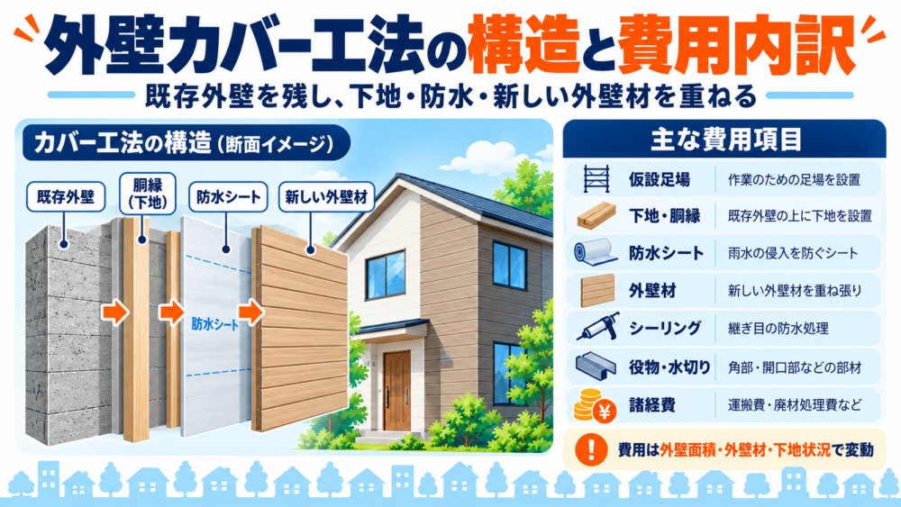 外壁カバー工法の断面構造と主な費用項目をわかりやすく整理した図解