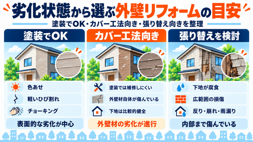 劣化状態に応じて塗装で対応できるケース、カバー工法向き、張り替え向きを比較した図解