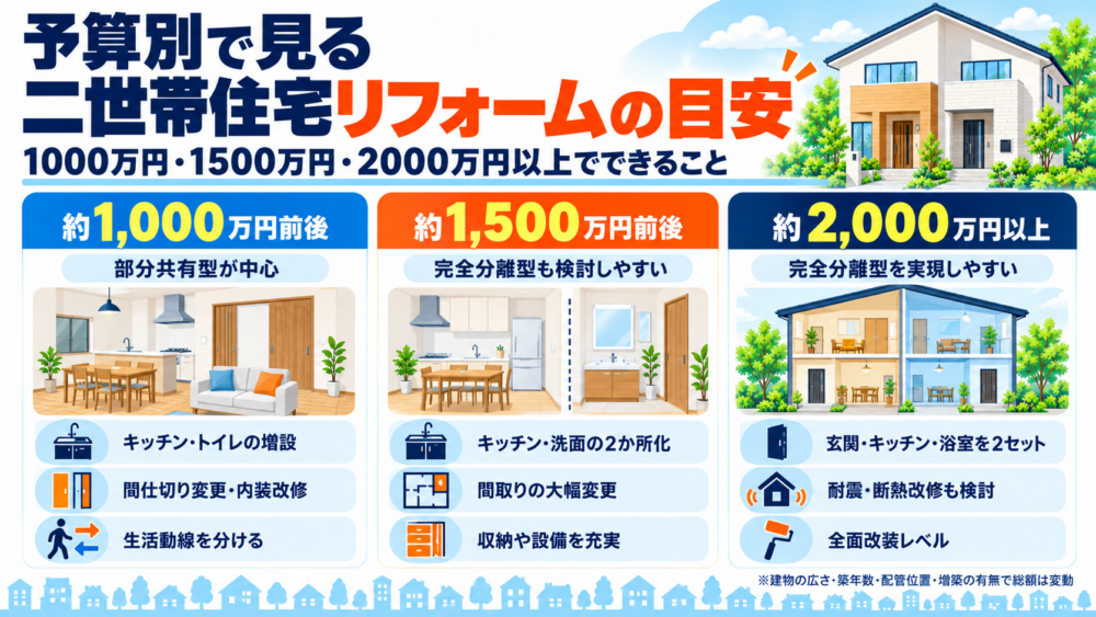 二世帯住宅リフォームで1000万円・1500万円・2000万円以上の予算別にできる工事を比較した図解