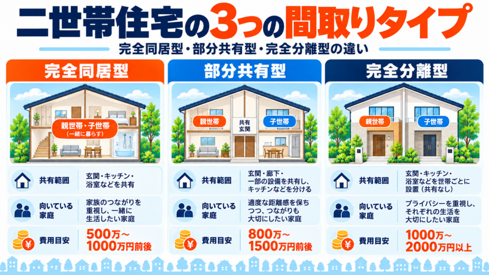 二世帯住宅の完全同居型・部分共有型・完全分離型の違いと費用目安を比較した図解