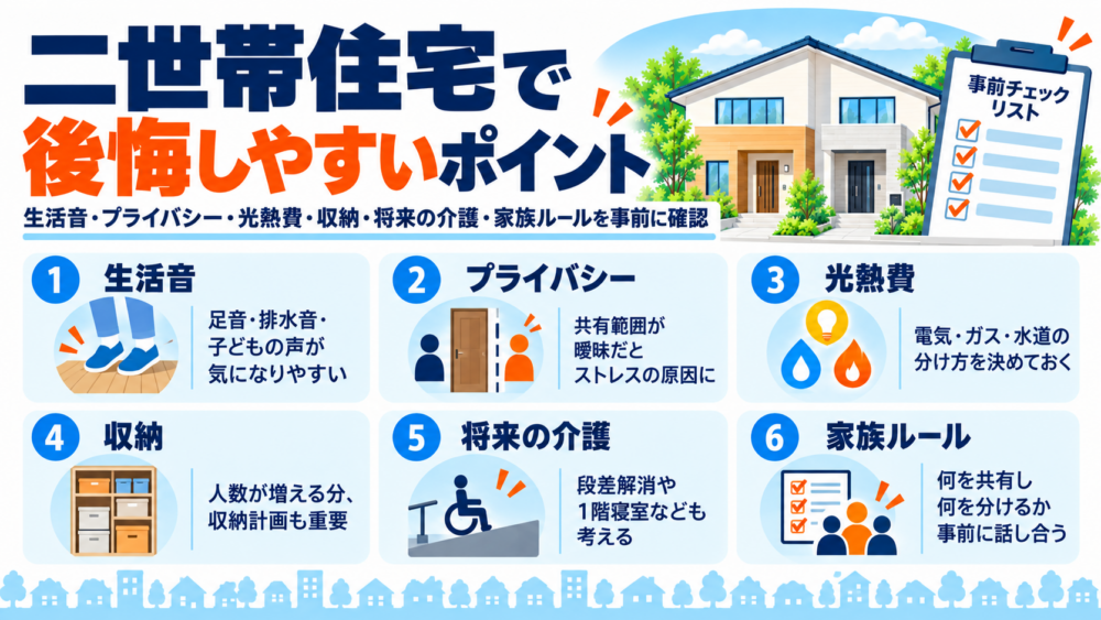 二世帯住宅で後悔しやすい生活音・プライバシー・光熱費・収納・介護・家族ルールを整理した図解