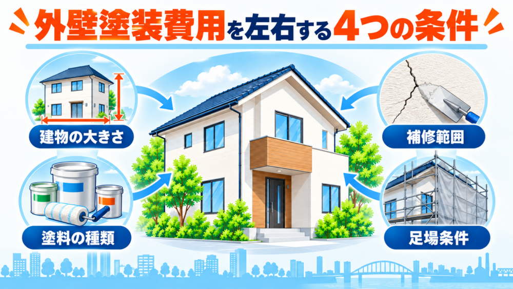 外壁塗装費用を左右する建物の大きさ・塗料の種類・補修範囲・足場条件の図解