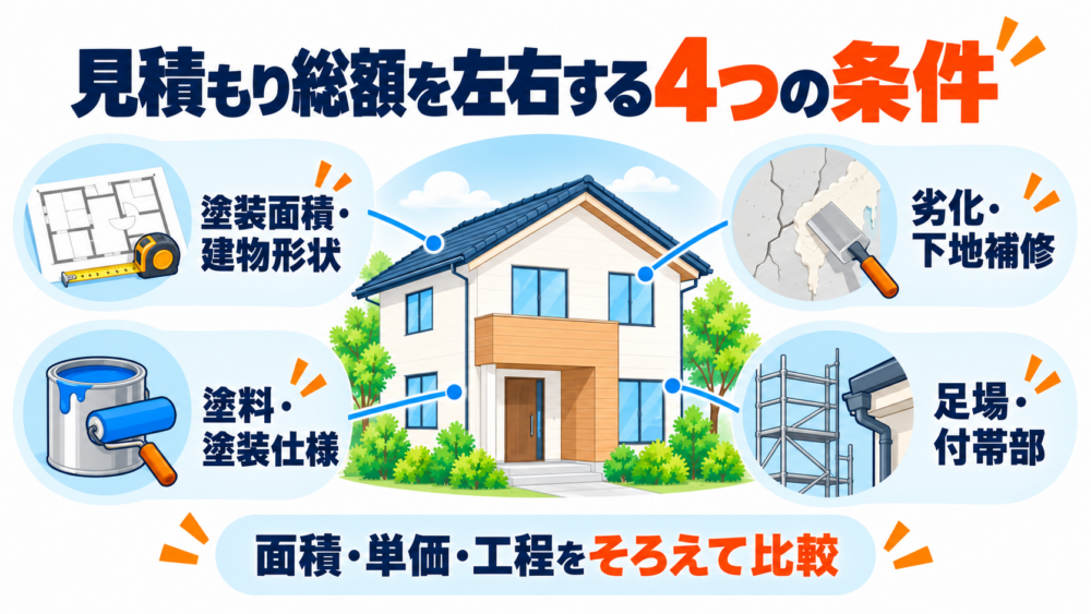 外壁塗装の見積もり総額を左右する塗装面積・下地補修・塗料・足場の4条件