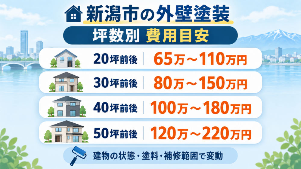 新潟市の外壁塗装にかかる20坪から50坪までの坪数別費用目安