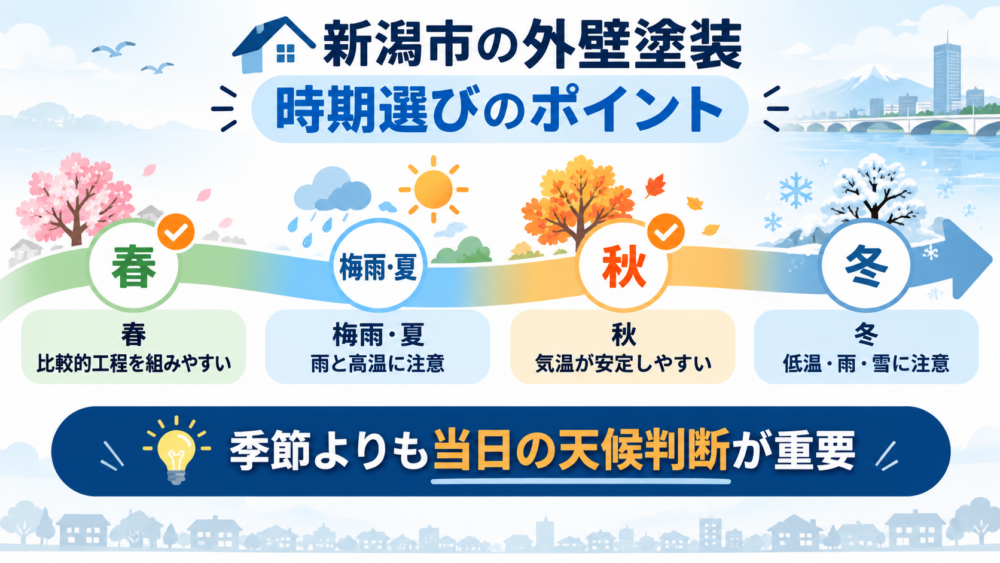 新潟市で外壁塗装する時期を春・梅雨と夏・秋・冬に分けて解説した図