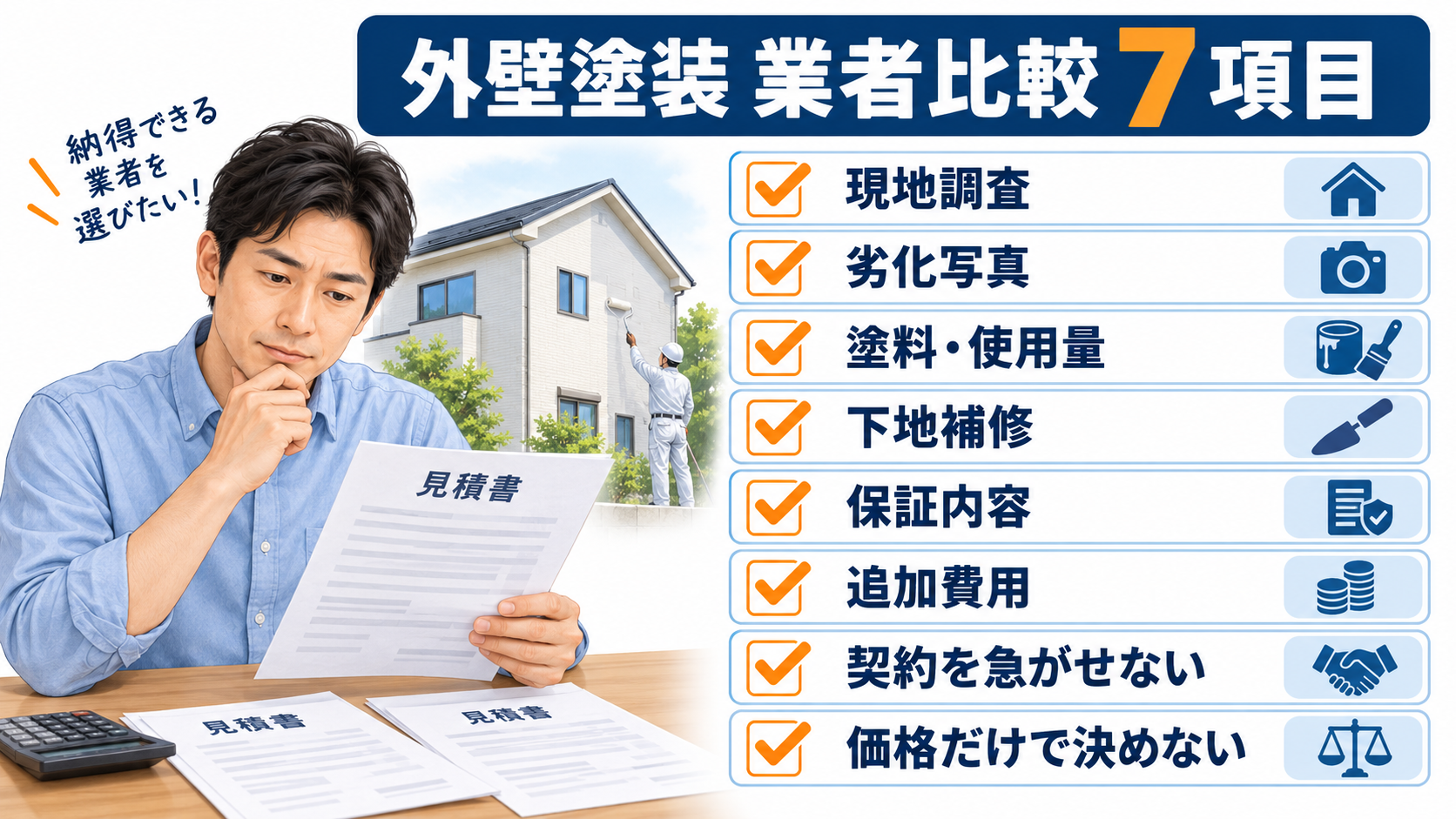 外壁塗装業者を比較するときに確認したい7項目を示した図解