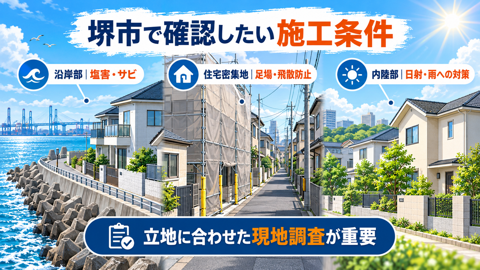 堺市の沿岸部・住宅密集地・内陸部で確認したい外壁塗装の施工条件