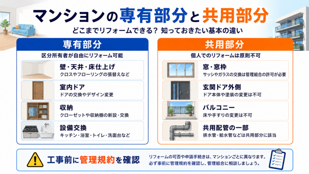 マンションの専有部分と共用部分の違いをわかりやすく解説した図