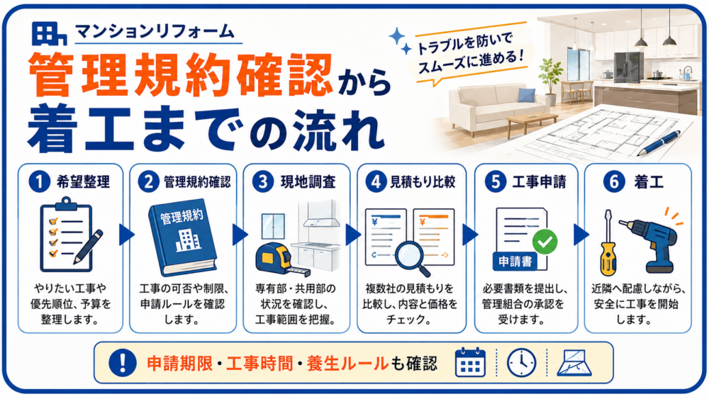 マンションリフォームの管理規約確認から着工までの流れを示した図