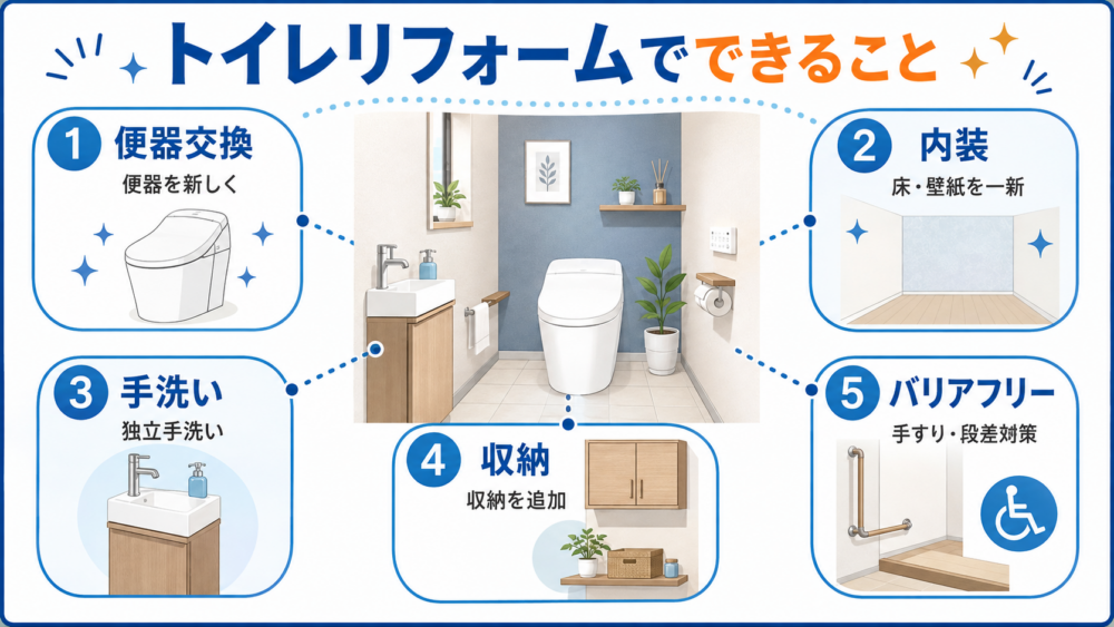 トイレリフォームでできる便器交換・内装・手洗い・収納・バリアフリーをまとめた図