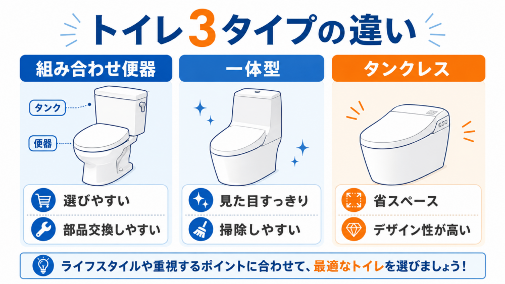 組み合わせ便器・一体型トイレ・タンクレストイレの違いを比較した図