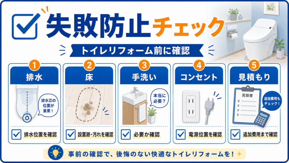 トイレリフォームで失敗しないための排水・床・手洗い・コンセント・見積もり確認ポイントをまとめた図