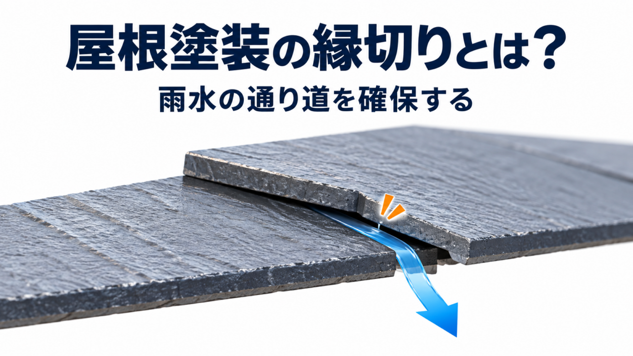屋根塗装の縁切りで化粧スレートの重なりに雨水の通り道を確保する図