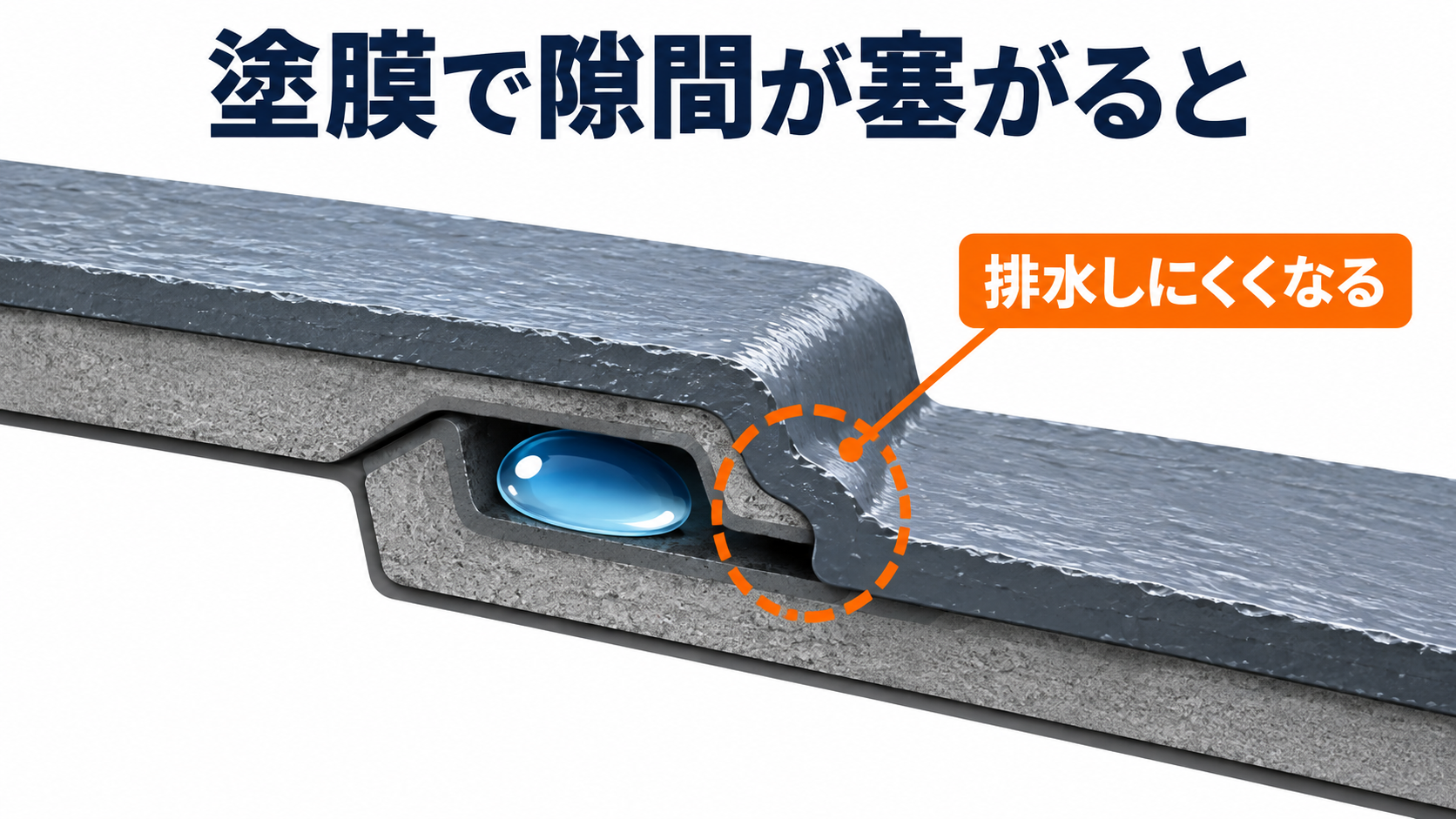 塗膜が化粧スレートの重なり部分を塞ぎ、雨水が排出されにくくなる仕組み