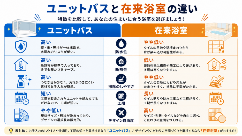 ユニットバスと在来浴室の防水性・断熱性・掃除・工期・デザイン自由度を比較した図
