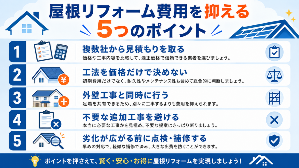 屋根リフォーム費用を抑えるための相見積もり・工法選び・同時施工・追加工事・早期点検の5つのポイント