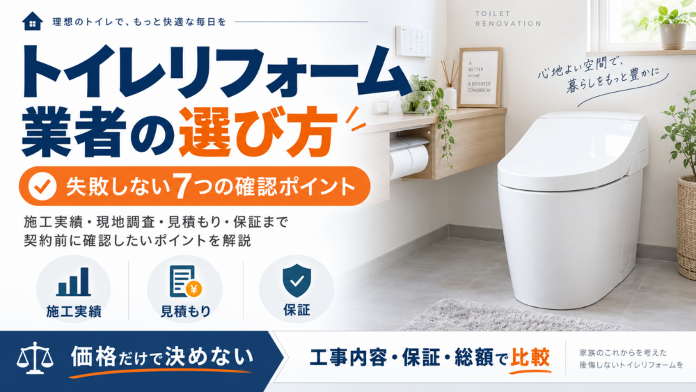 トイレリフォーム業者の選び方を解説するイメージ。失敗しない7つの確認ポイントを紹介した図解
