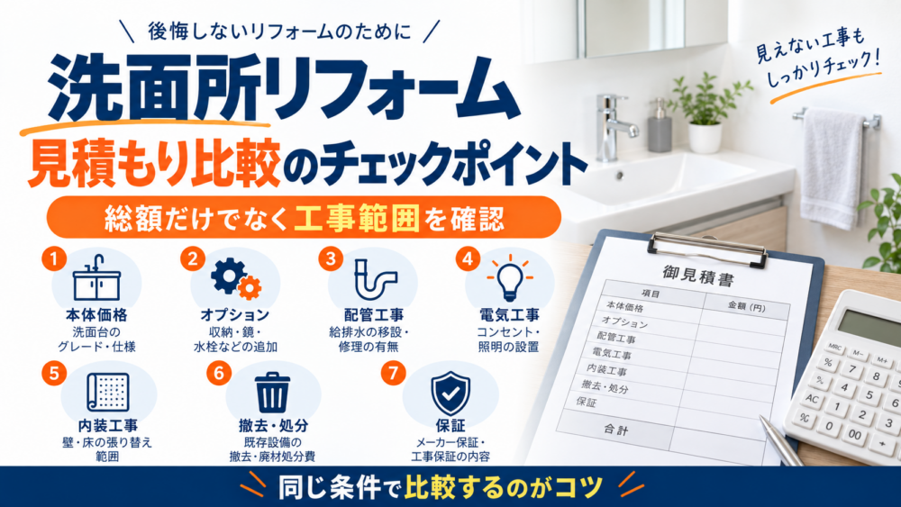 洗面所リフォーム業者選びで確認したい7つのポイントをまとめた図解