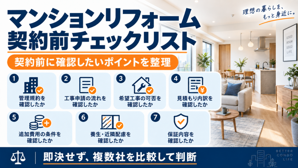 マンションリフォーム契約前に確認したいチェックリストをまとめた図解