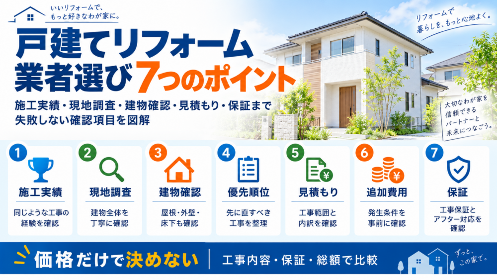 戸建てリフォーム業者選びで確認したい7つのポイントをまとめた図解
