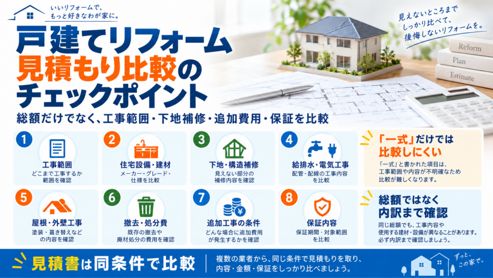 戸建てリフォームの見積もり比較で確認したいチェックポイントをまとめた図解