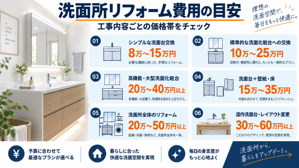 洗面所リフォーム契約前に確認したい費用と工事内容のチェックリストをまとめた図解