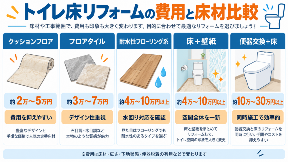 トイレ床リフォームの費用相場とクッションフロア・フロアタイルなど床材を比較した図解