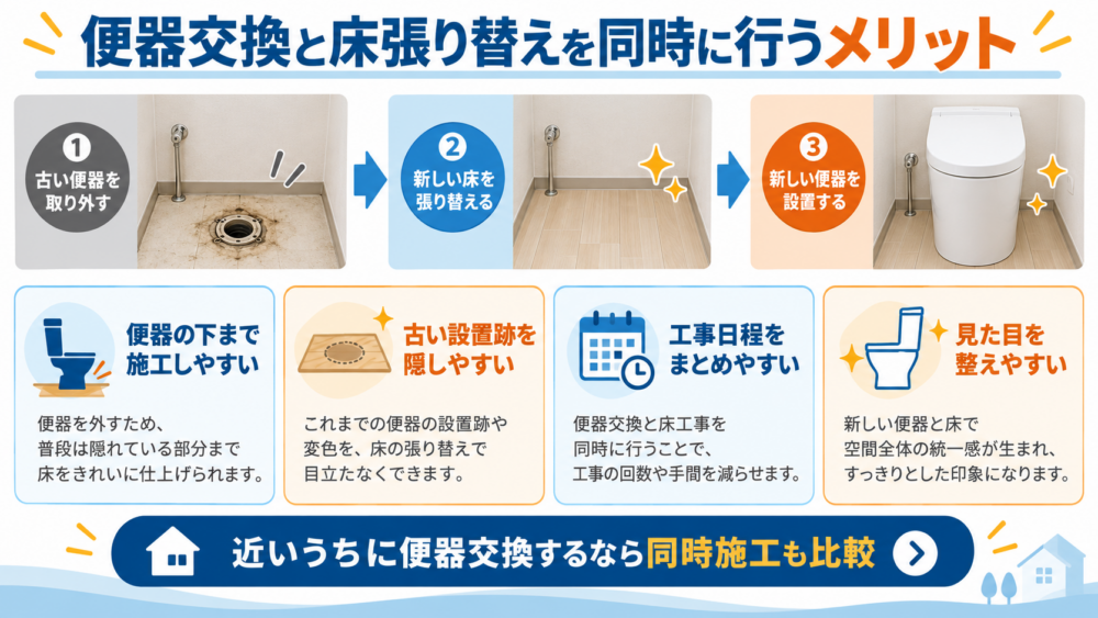 便器交換とトイレ床の張り替えを同時に行うメリットをまとめた図解