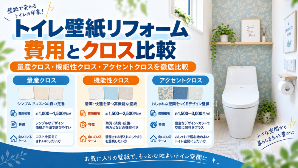 トイレ壁紙リフォームの費用相場と量産クロス・機能性クロス・アクセントクロスを比較した図解