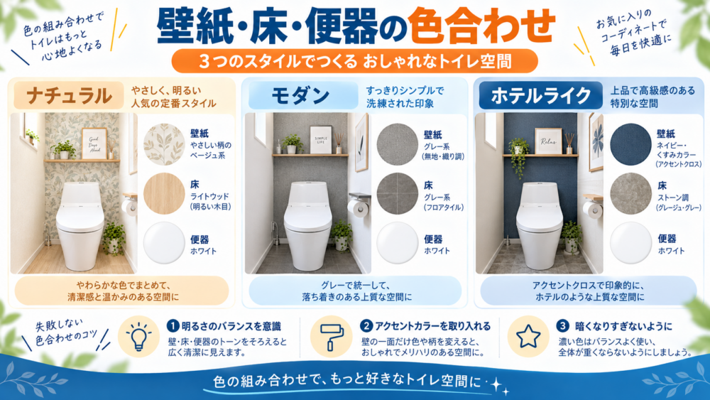 トイレの壁紙・床・便器の色合わせをナチュラル・モダン・ホテルライクで比較した図解