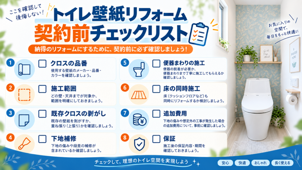 トイレ壁紙リフォーム契約前に確認したいクロス・施工範囲・下地補修・追加費用のチェックリストをまとめた図解