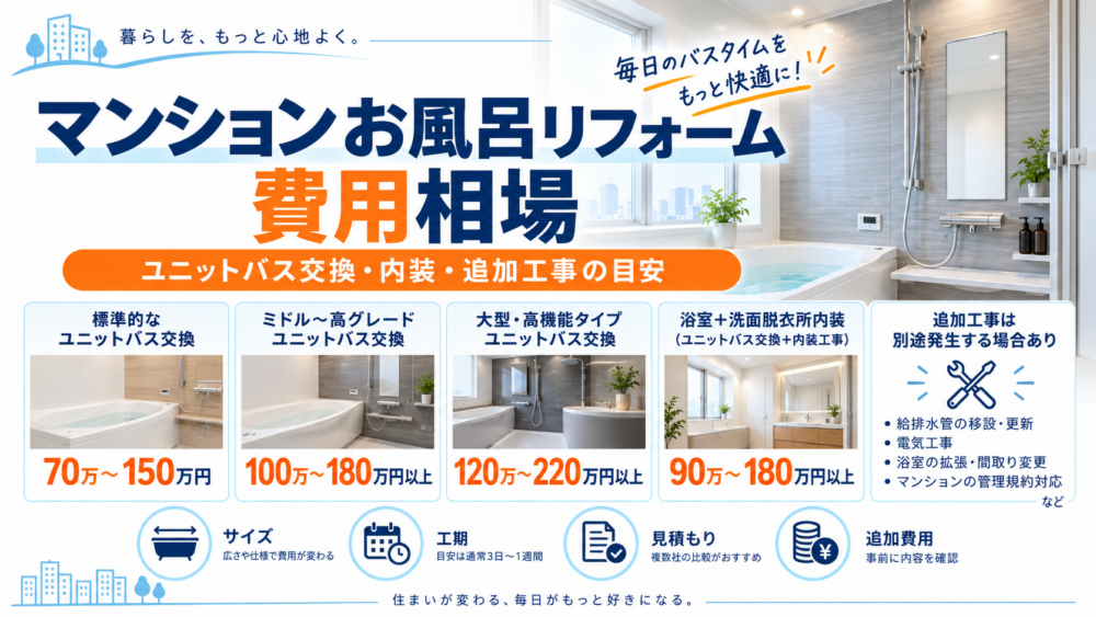 マンションのお風呂リフォームの工事内容別費用相場を比較した図解