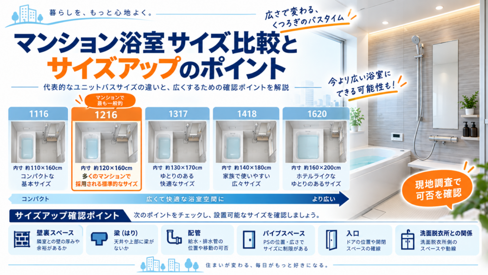 マンション浴室の1116・1216・1317・1418・1620サイズ比較とサイズアップ確認ポイントをまとめた図解