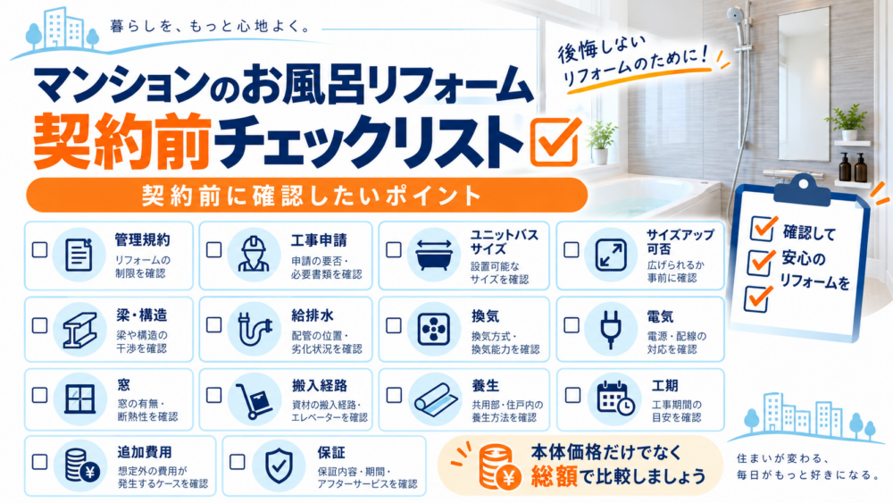 マンションのお風呂リフォーム契約前に確認したい管理規約・工事申請・サイズ・給排水・換気・保証などのチェックリスト図解