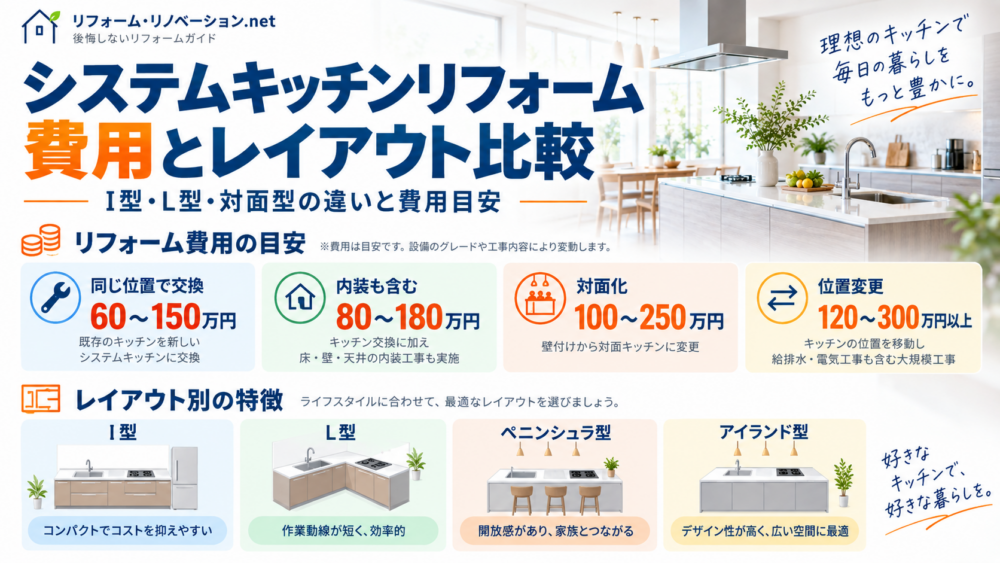 システムキッチンリフォームの費用相場とI型・L型・対面型などのレイアウトを比較した図解