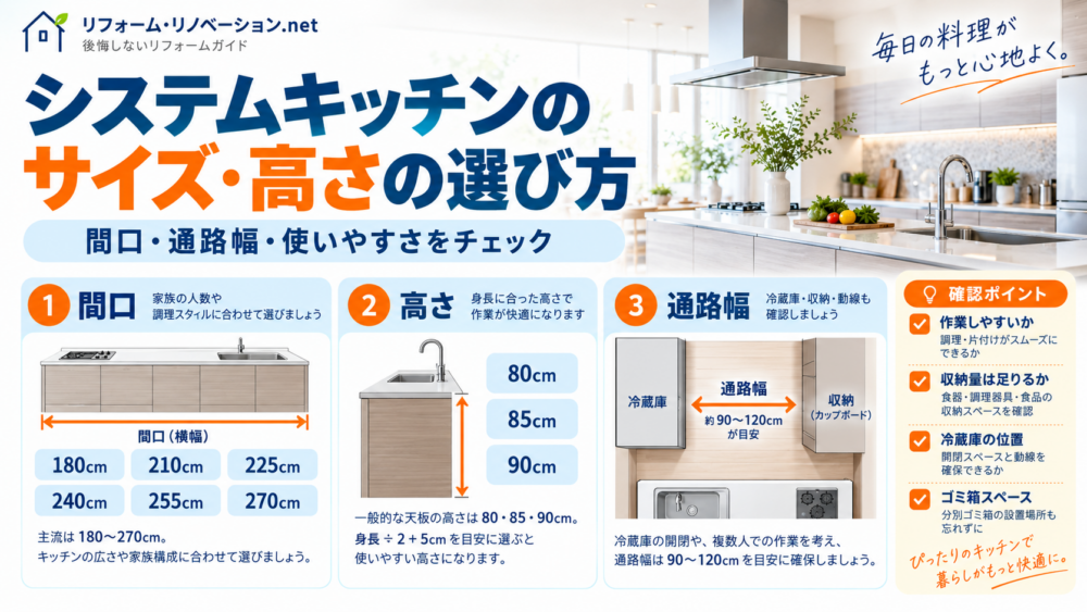 システムキッチンの間口・カウンター高さ・通路幅の選び方をまとめた図解