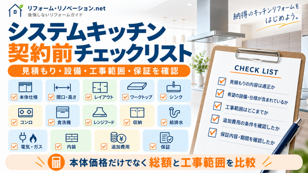 システムキッチンリフォーム契約前に確認したい本体仕様・設備・工事範囲・追加費用・保証のチェックリストをまとめた図解